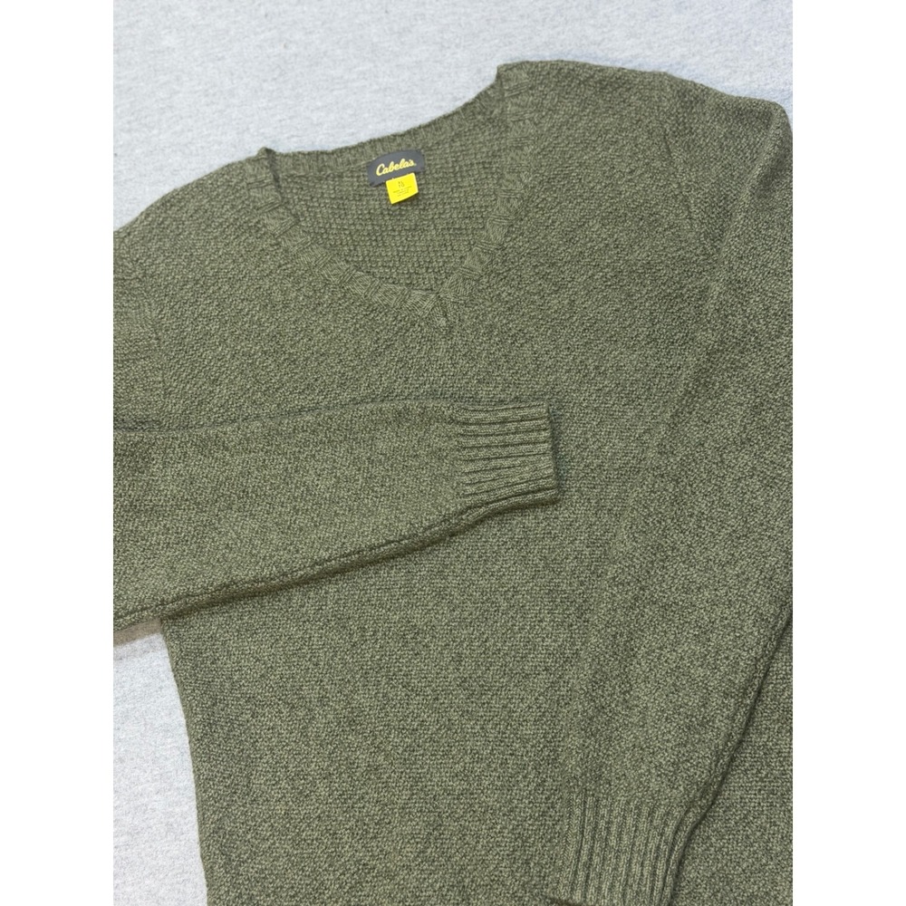 Cabelas Womens XL Merino Wool Blend V-Neck Sweater Olive Green Textured Knit